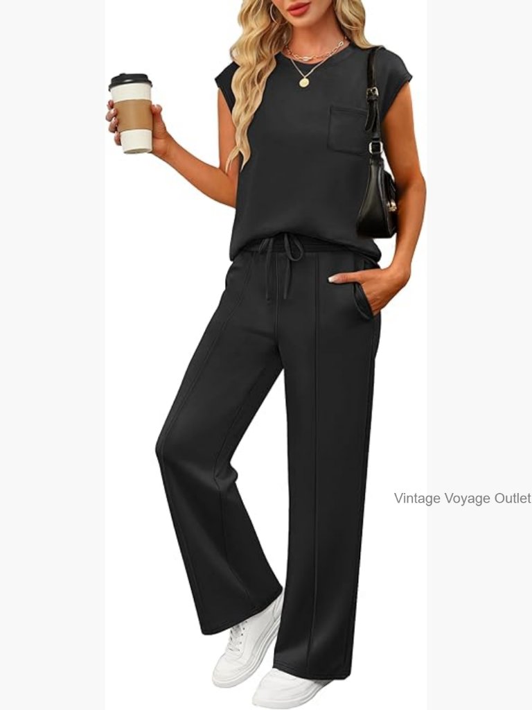 Sleeveless Lounge Set With Wide Leg Pants, Medium, Rayon Blend